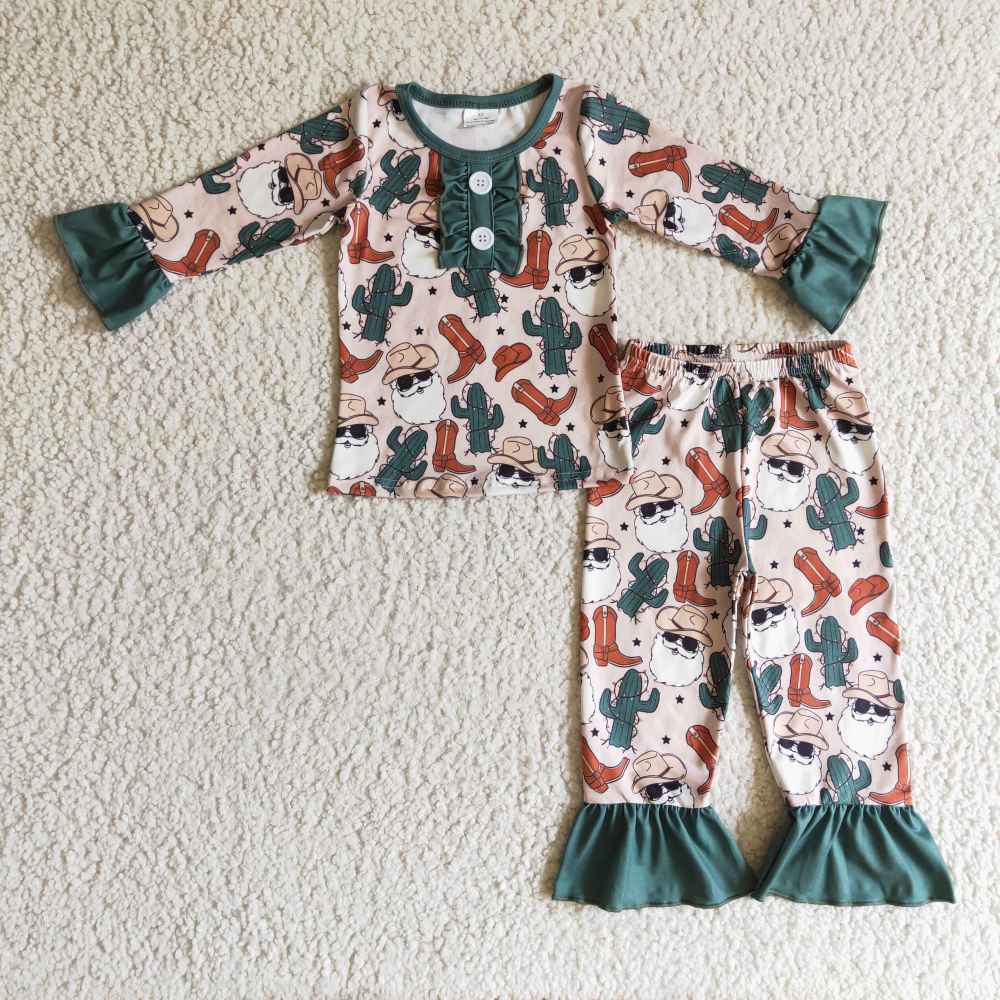 GLP0291  Christmas SANTA CACTUS print western Long Sleeve Pants Set