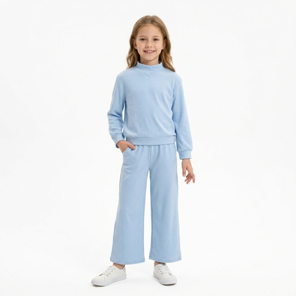 GLP3472 Baby Girls Blue solid Pant mock neck Clothes Set