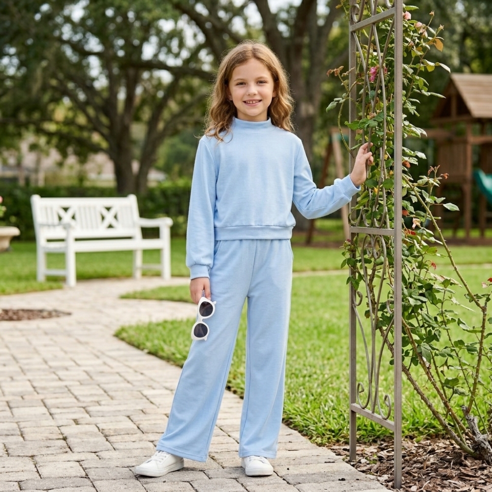 GLP3472 Baby Girls Blue solid Pant mock neck Clothes Set
