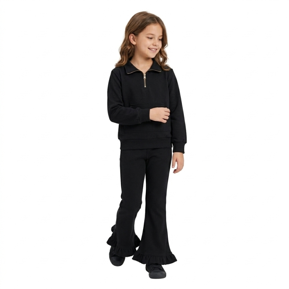 GLP3489 Black solid  Print long sleeve zipper girl sweater pocket outfits