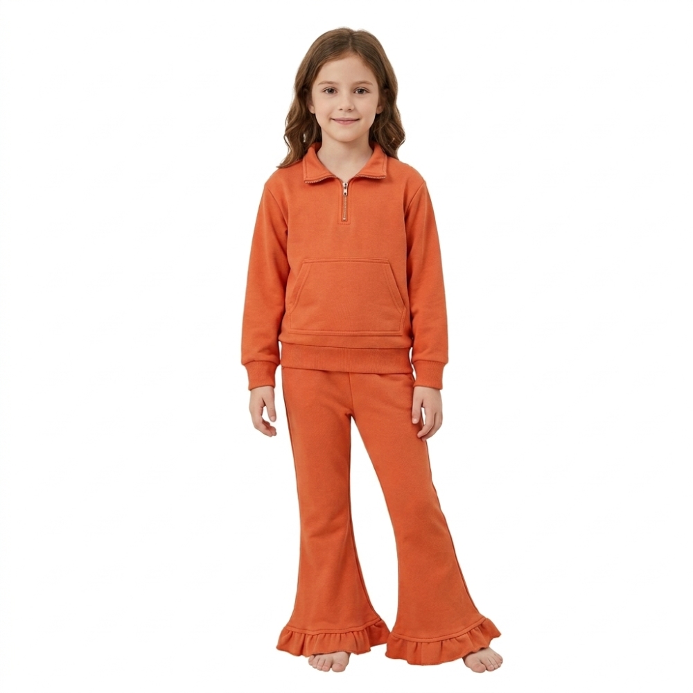 GLP3490 Orange solid  Print long sleeve zipper girl sweater pocket outfits
