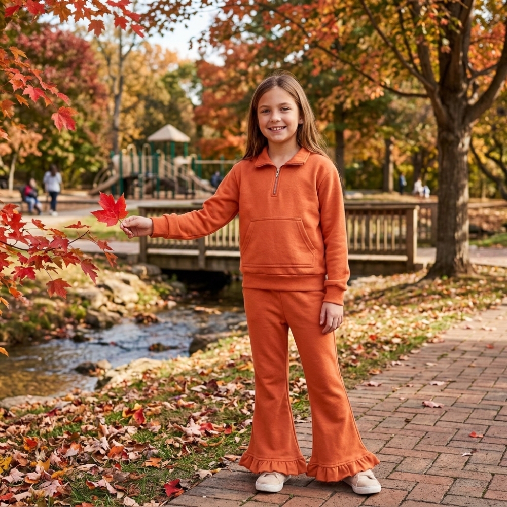GLP3490 Orange solid  Print long sleeve zipper girl sweater pocket outfits