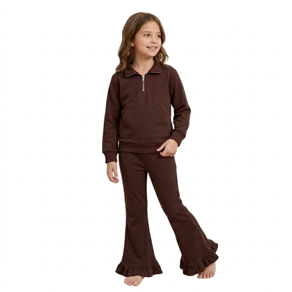 GLP3491 brown solid  Print long sleeve zipper girl sweater pocket outfits