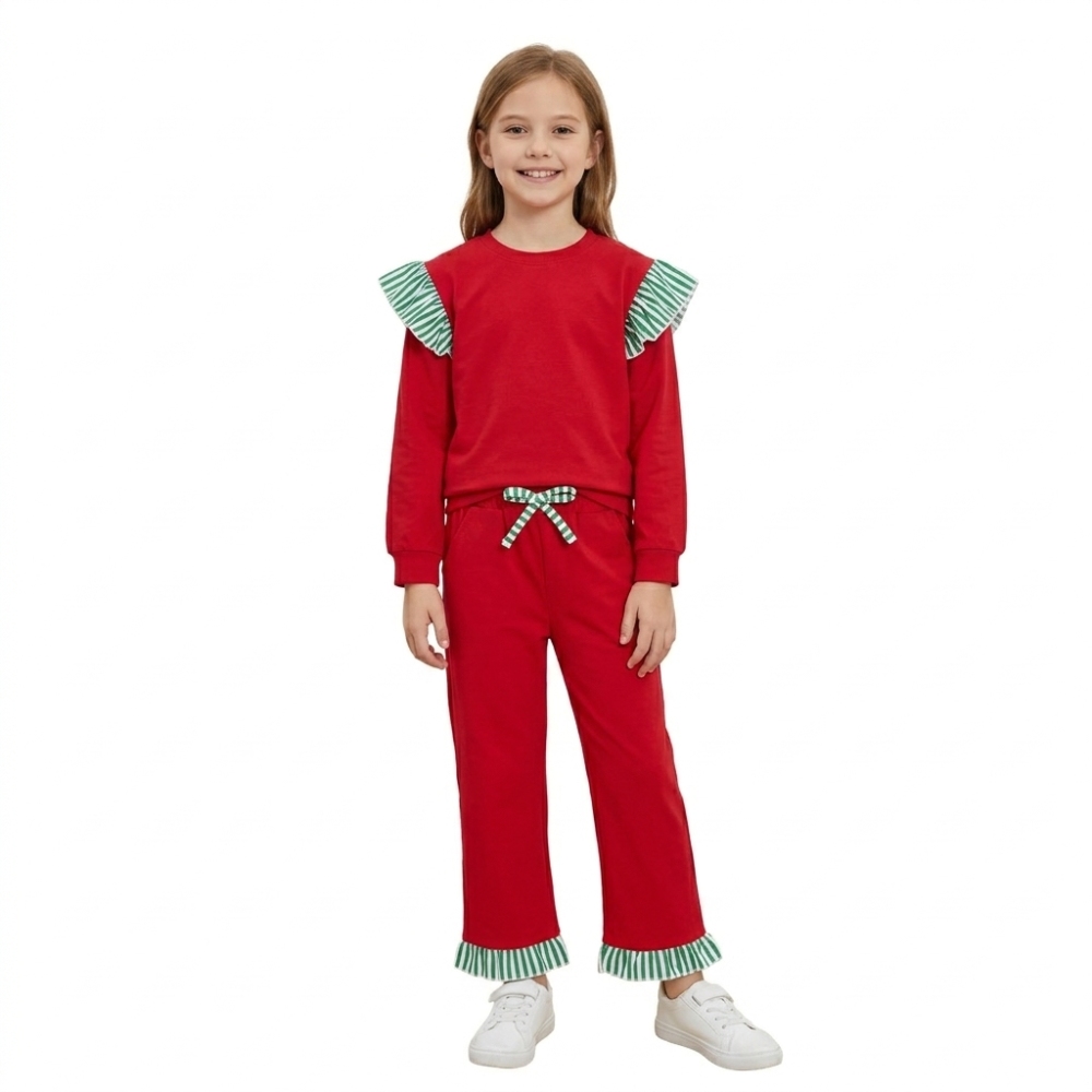 GLP3697 red solid stripe long sleeve girl Christmas outfits