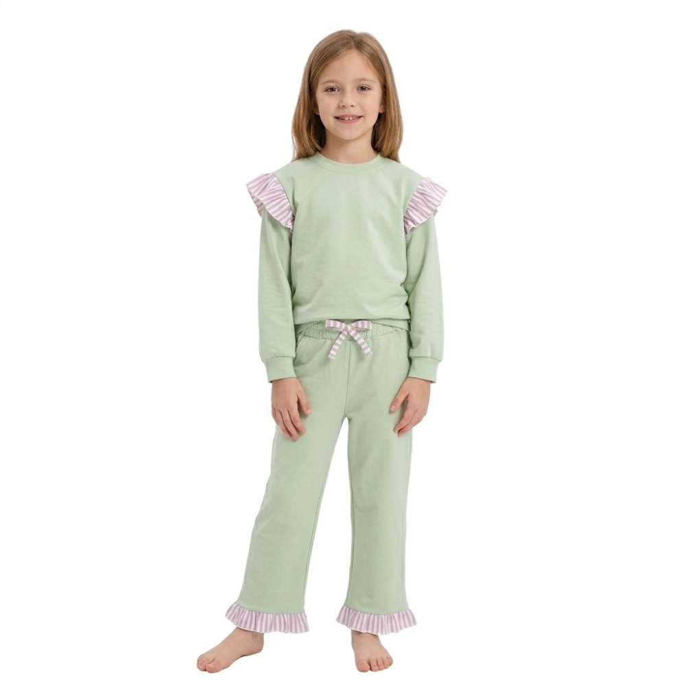 GLP3700 green solid stripe long sleeve girl outfits