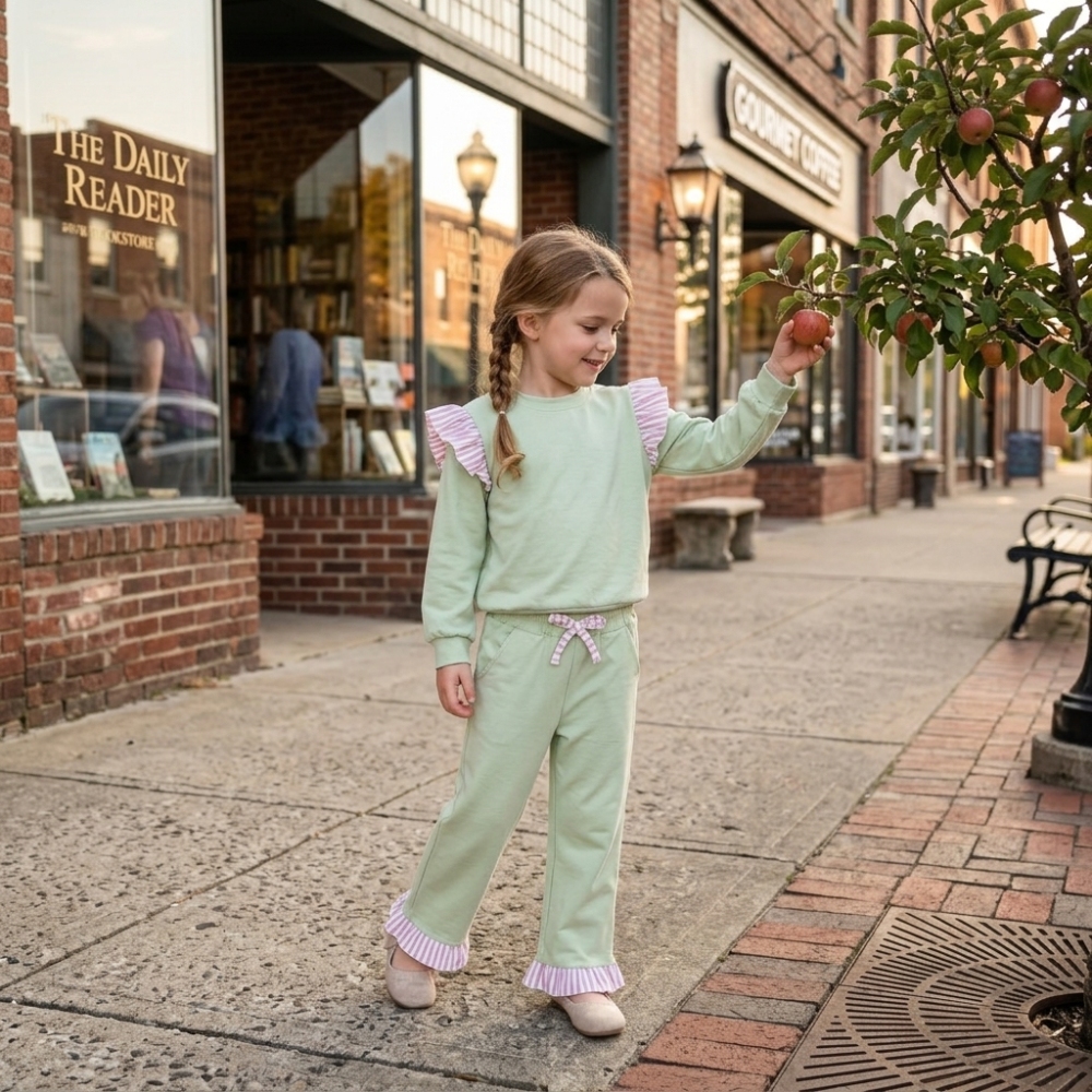 GLP3700 green solid stripe long sleeve girl outfits