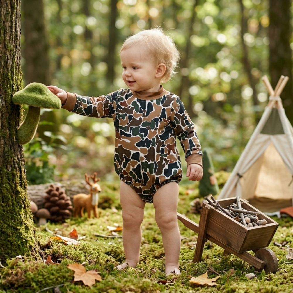 LR3261  Baby brown camo Long Sleeve mock neck Rompers