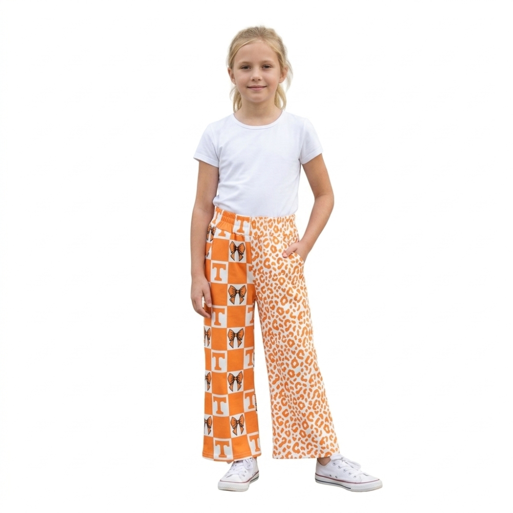 P1121 girl Orange leopard bows T team long pants
