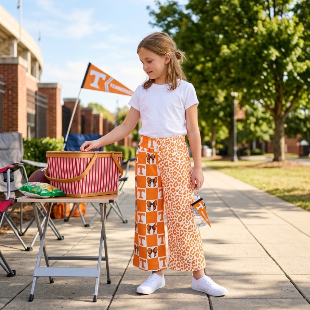 P1121 girl Orange leopard bows T team long pants