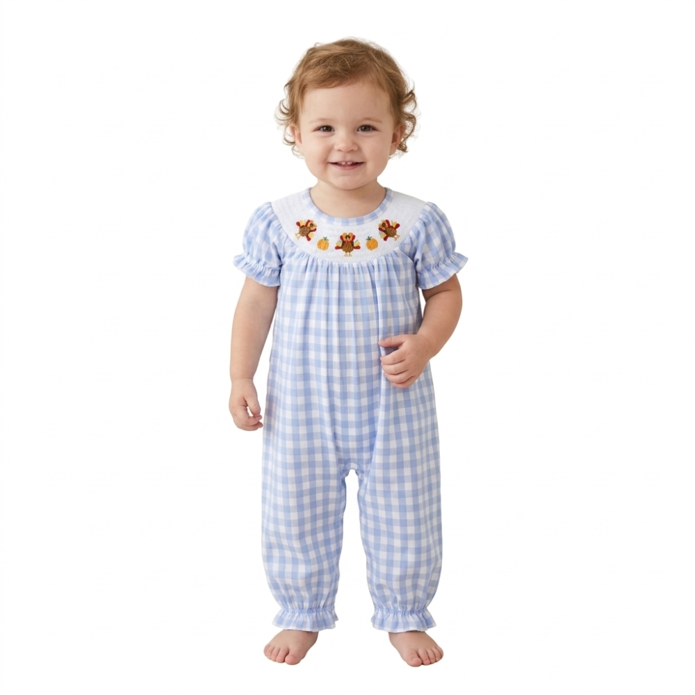 SR4276  Blue plaid thanksgiving day turkey smock  short-Sleeved zipper romper