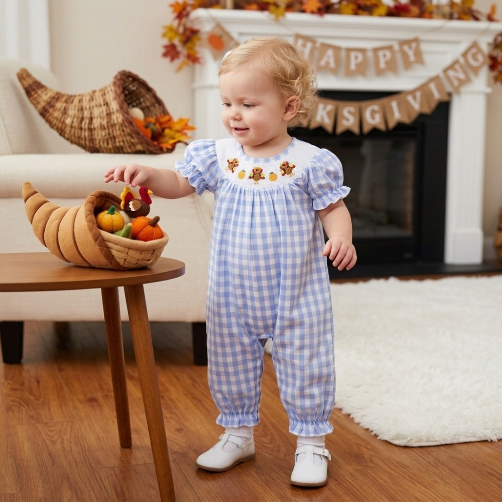 SR4276  Blue plaid thanksgiving day turkey smock  short-Sleeved zipper romper