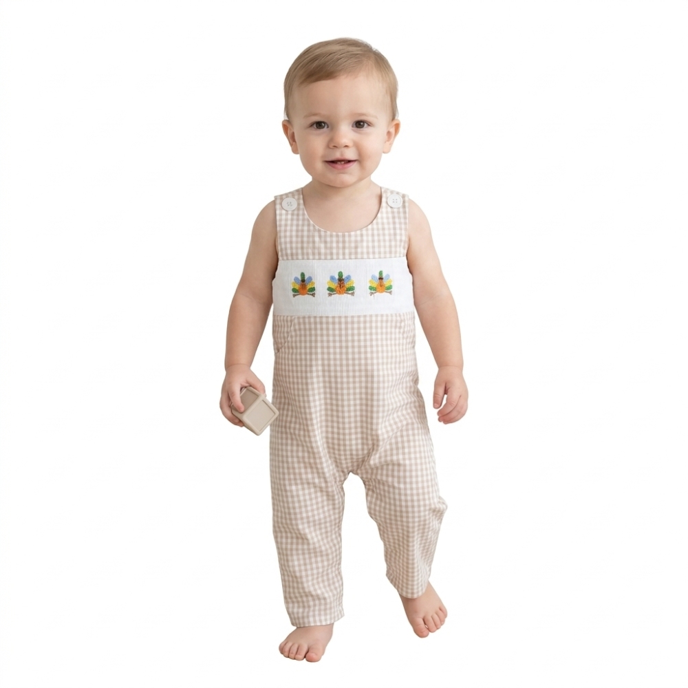 SR4277  Brown plaid thanksgiving day turkey smock  short-Sleeved zipper romper