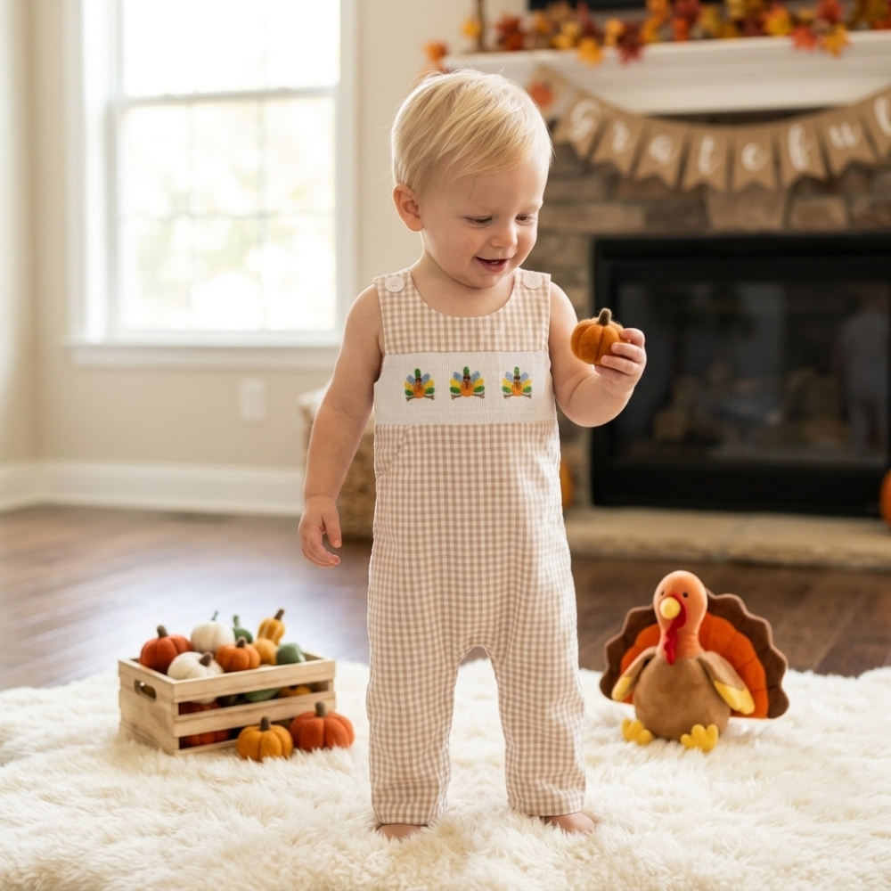 SR4277  Brown plaid thanksgiving day turkey smock  short-Sleeved zipper romper