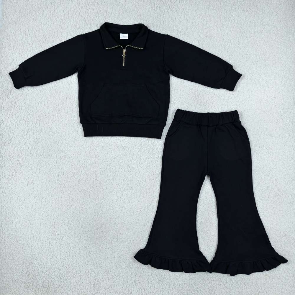 GLP3489 Black solid  Print long sleeve zipper girl sweater pocket outfits