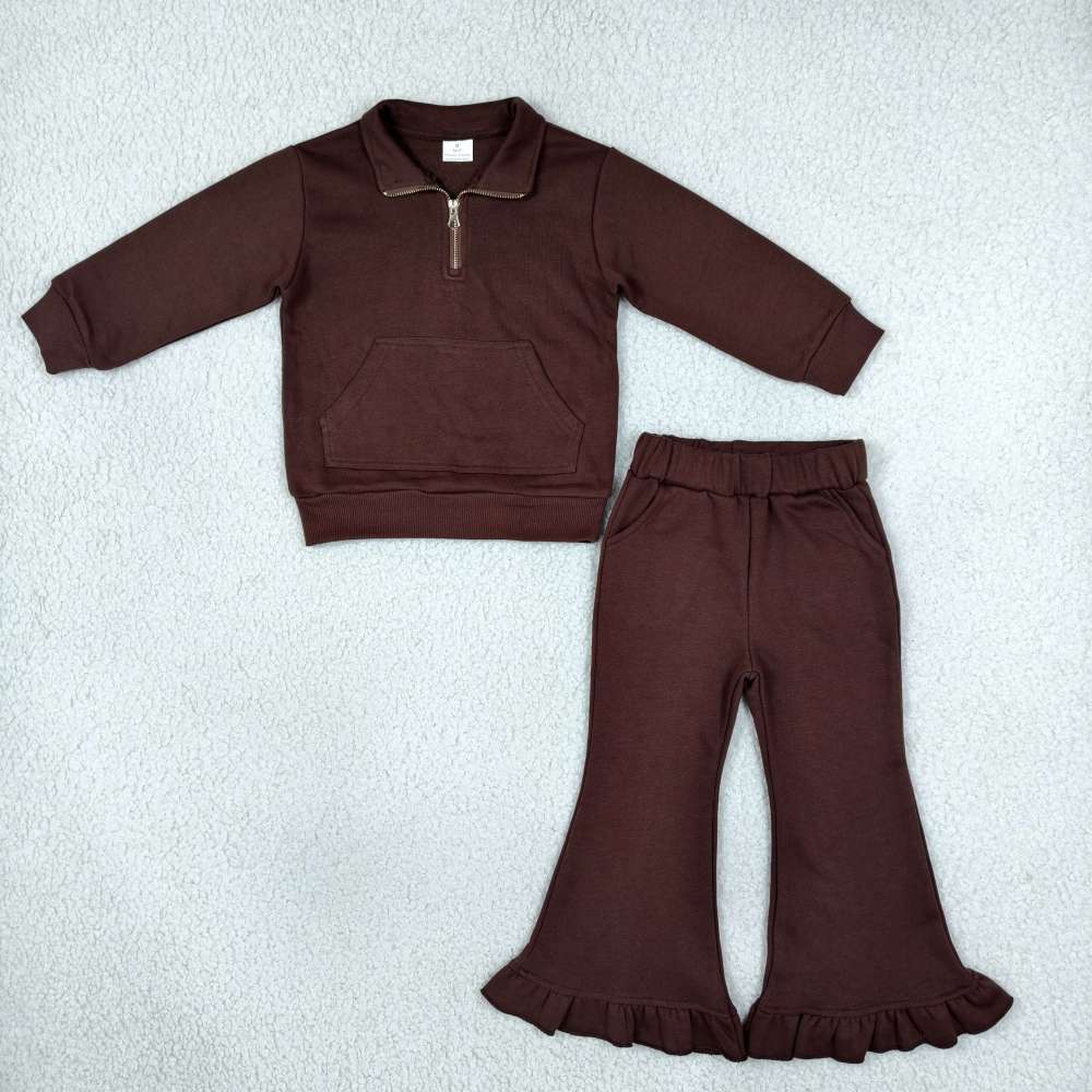 GLP3491 brown solid  Print long sleeve zipper girl sweater pocket outfits