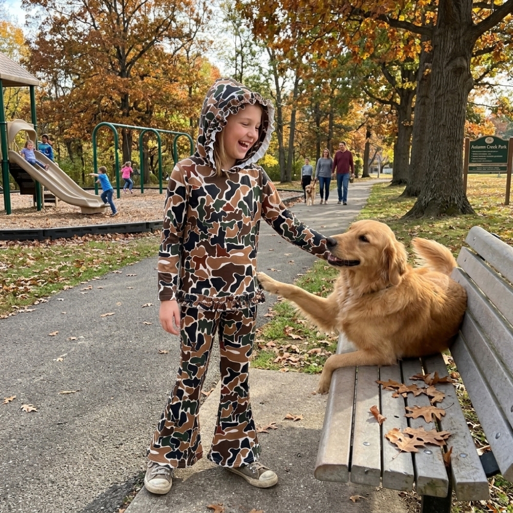 GLP3078 Baby Girls brown camo print fall Pant Clothes hoodie Set