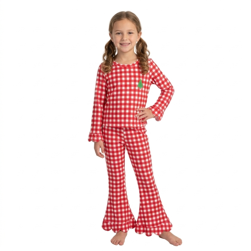 GLP3590  Baby Girls red plaid Christmas trees embroidery fall Pant Clothes scallop Set
