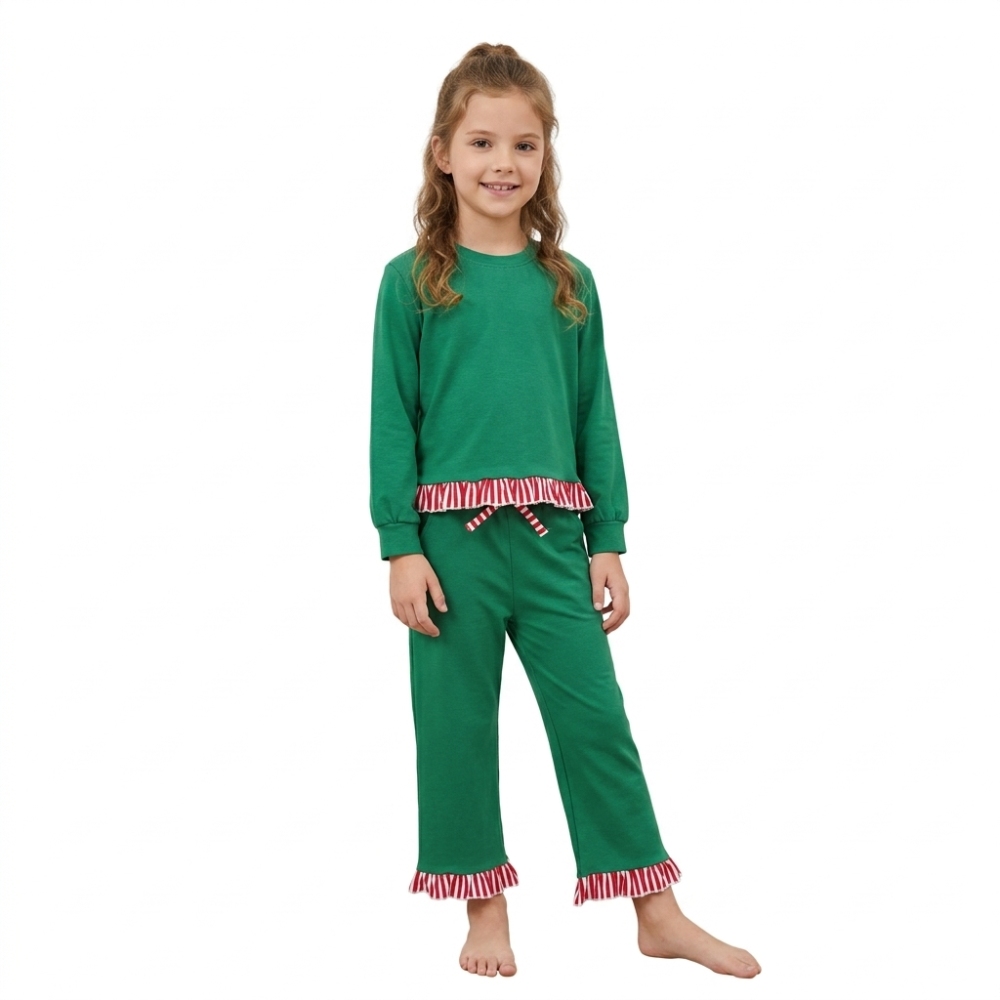 GLP3917 Green solid stripe long sleeve girl Christmas outfits
