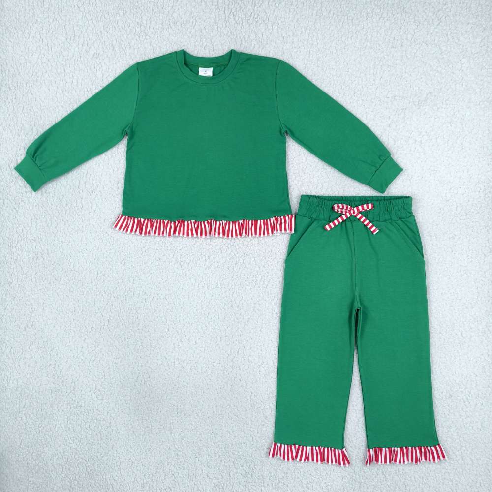 GLP3917 Green solid stripe long sleeve girl Christmas outfits