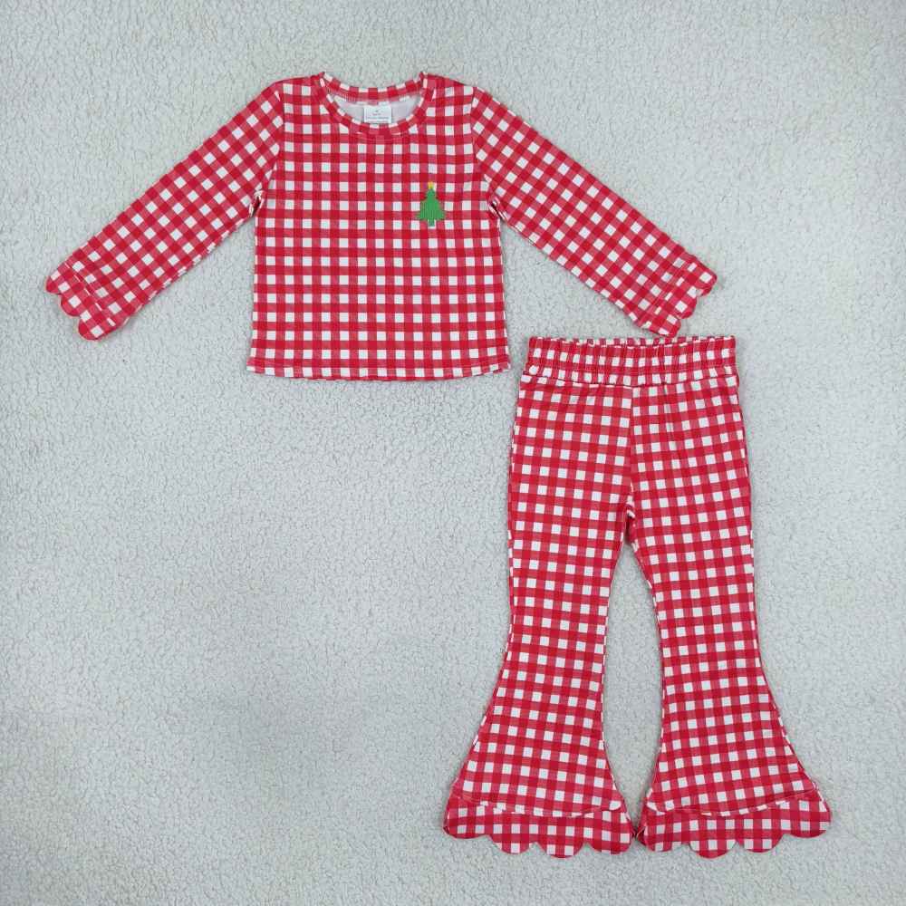 GLP3590  Baby Girls red plaid Christmas trees embroidery fall Pant Clothes scallop Set