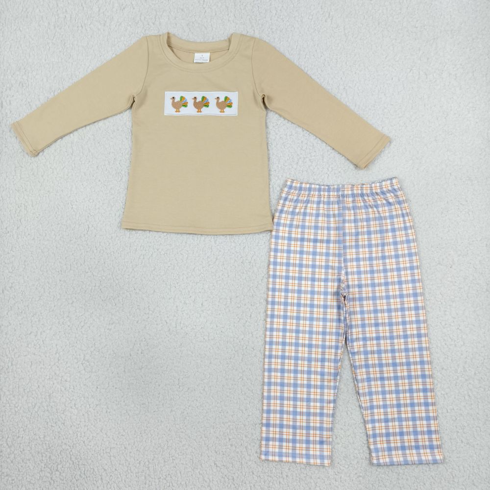 BLP1495  RTS Khaki thanksgiving day turkey embroidery long sleeve boy outfits