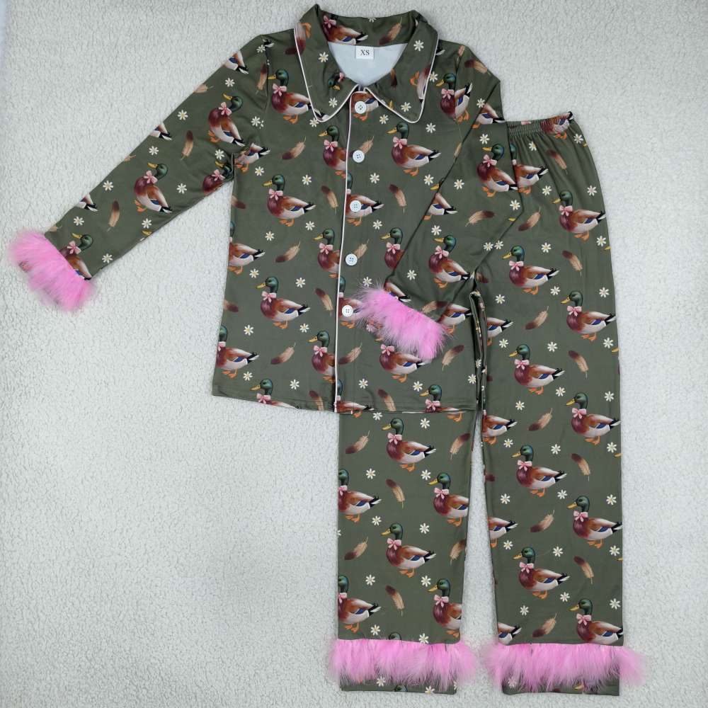 GLP3628 Adult Women Green duck Top Pockets Flare Pants Fall Pajamas Clothes Sets