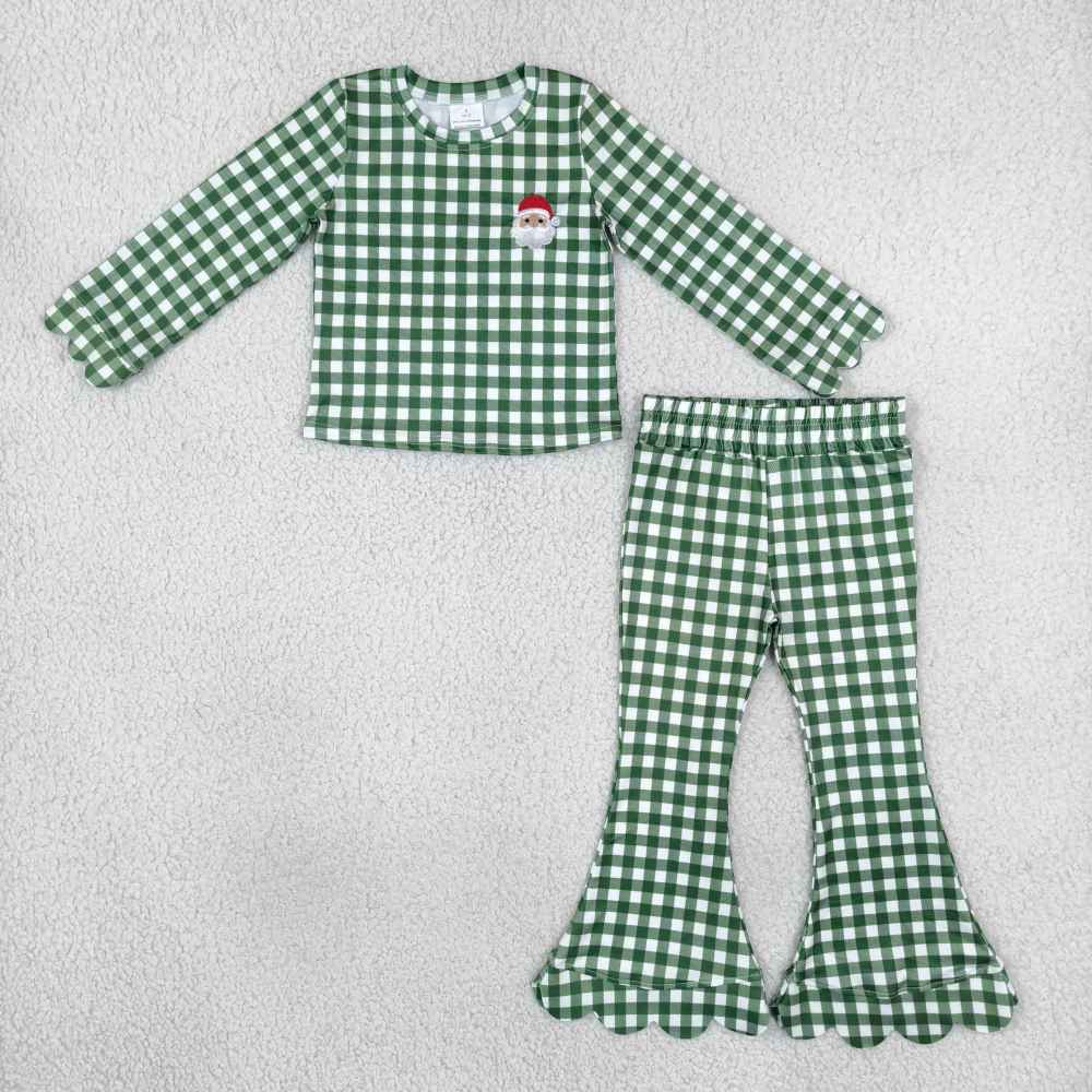 GLP3589  Baby Girls Green plaid Christmas santa embroidery fall Pant Clothes scallop Set