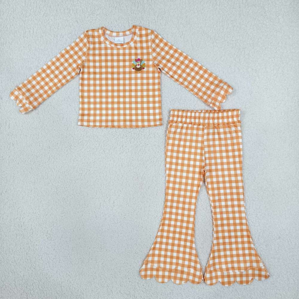 GLP3588 Baby Girls Orange plaid thanksgiving day embroidery fall Pant Clothes scallop Set