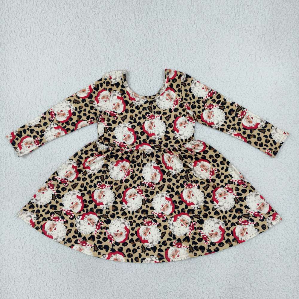 GLD1761 leopard Christmas Santa print girl long sleeve dress