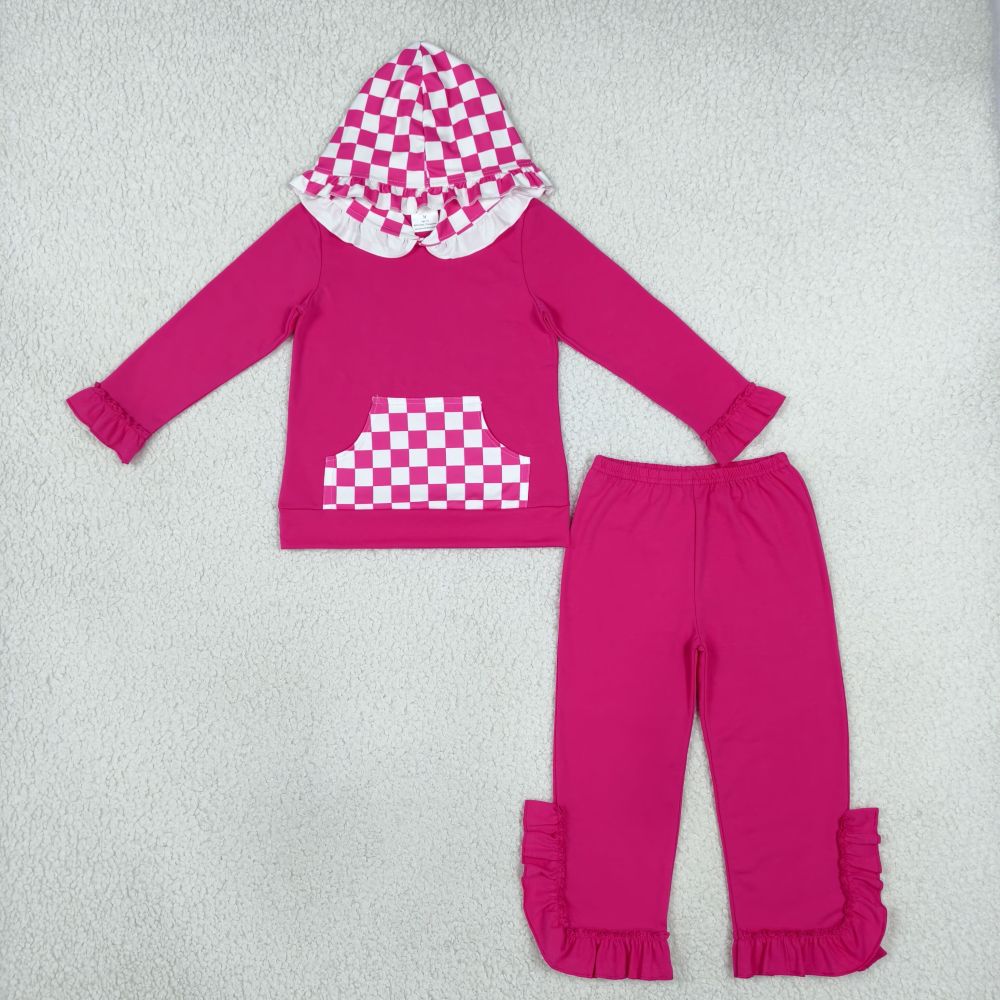 GLP3709 Hot pink solid Print long sleeve plaid hoodie  girl outfits