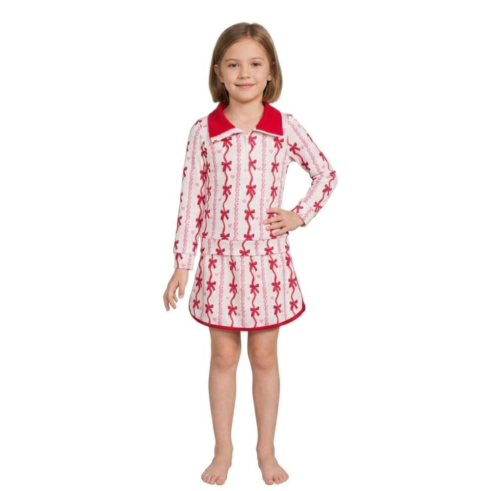 GLD1751  red bows Valentine‘s print Zipper Long Sleeve Skirt Set