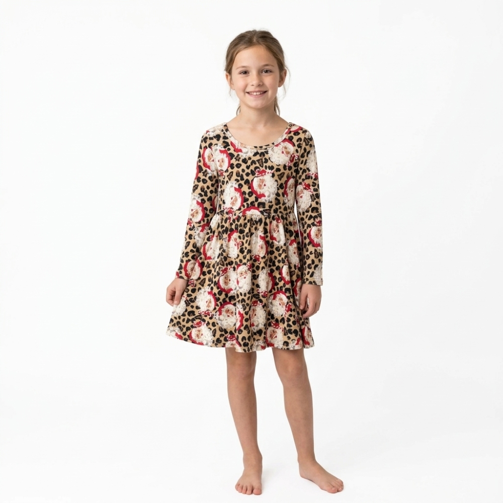 GLD1761 leopard Christmas Santa print girl long sleeve dress