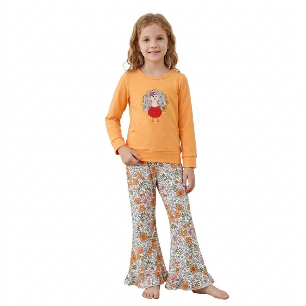 GLP3563 Baby Girls Orange Flowers turkey thanksgiving day embroidery fall Pant Clothes Set