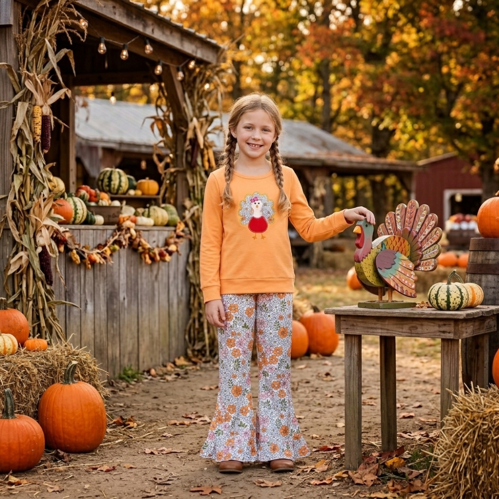 GLP3563 Baby Girls Orange Flowers turkey thanksgiving day embroidery fall Pant Clothes Set