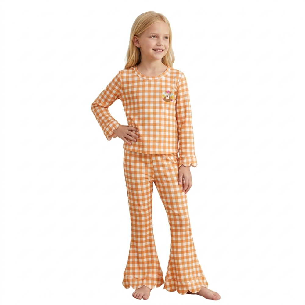 GLP3588 Baby Girls Orange plaid thanksgiving day embroidery fall Pant Clothes scallop Set
