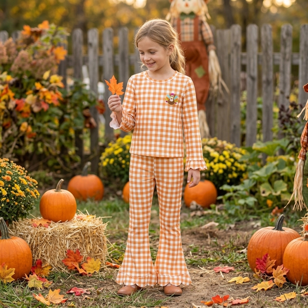 GLP3588 Baby Girls Orange plaid thanksgiving day embroidery fall Pant Clothes scallop Set