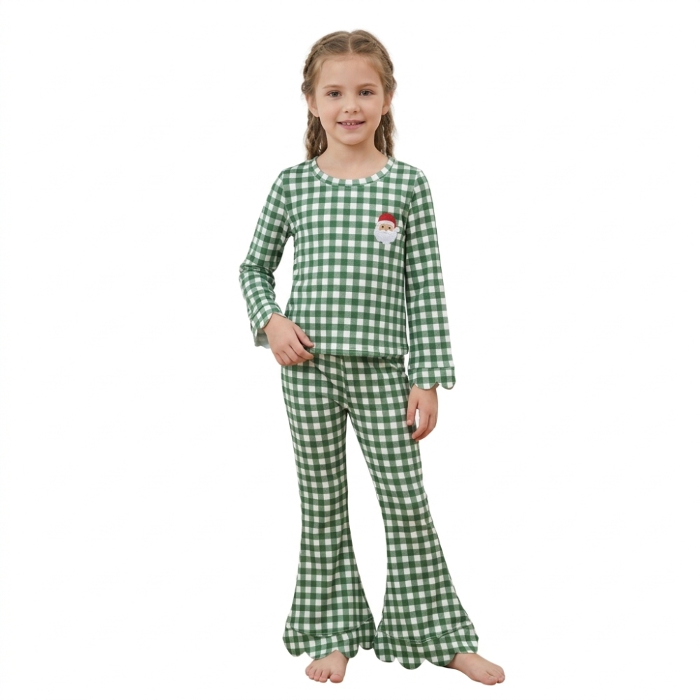 GLP3589  Baby Girls Green plaid Christmas santa embroidery fall Pant Clothes scallop Set