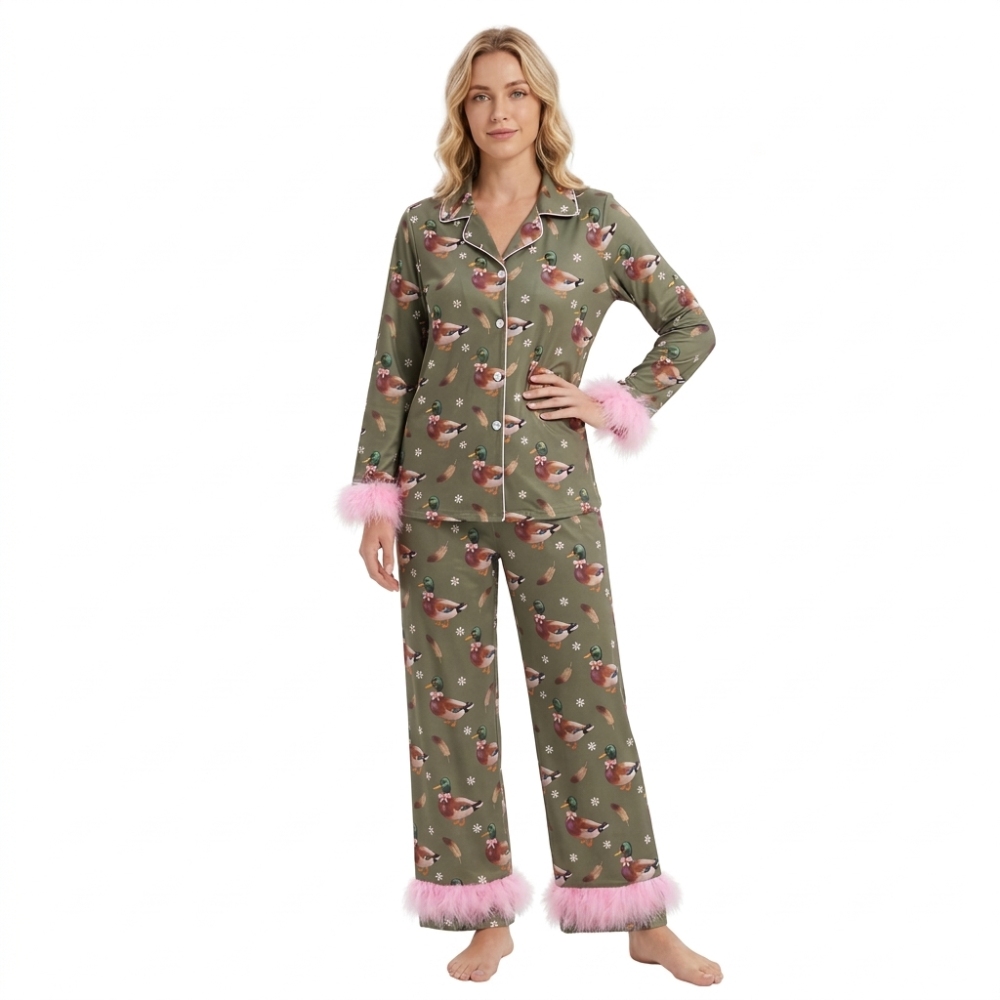 GLP3628 Adult Women Green duck Top Pockets Flare Pants Fall Pajamas Clothes Sets