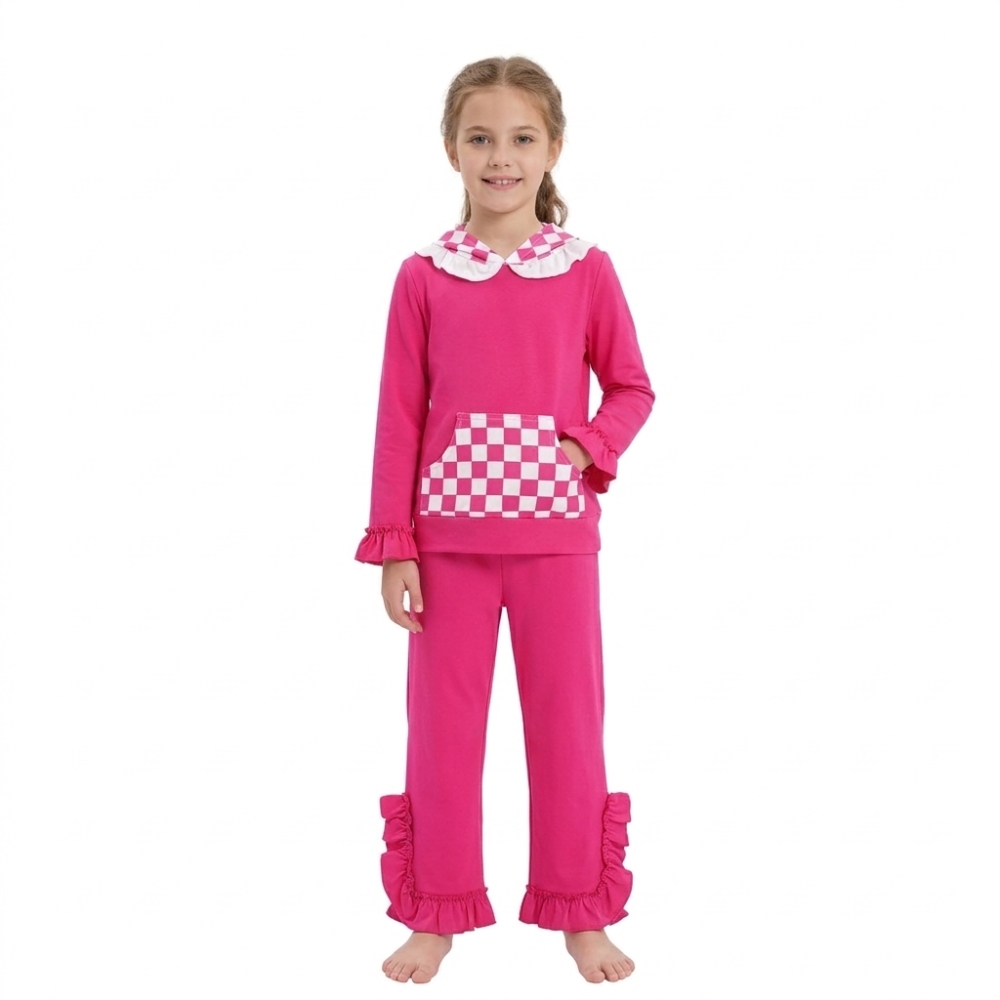 GLP3709 Hot pink solid Print long sleeve plaid hoodie  girl outfits