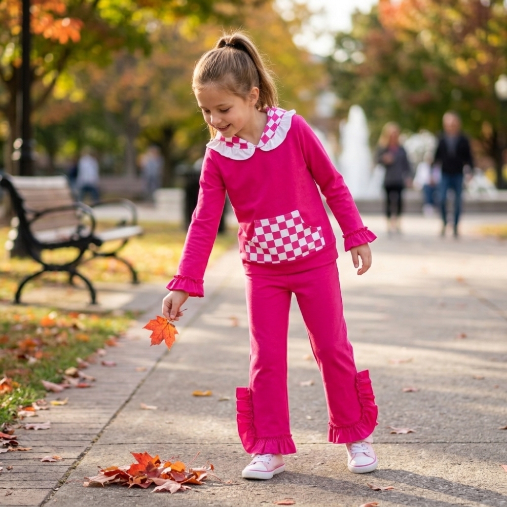 GLP3709 Hot pink solid Print long sleeve plaid hoodie  girl outfits