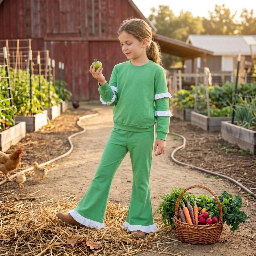 GLP3717 Baby Girls green solid fall Pant Clothes Set