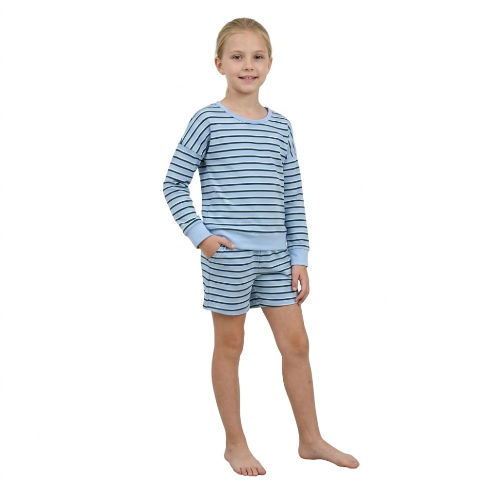GLS0133 Baby Girls long sleeve Blue stripe Top with skirt Clothes Sets