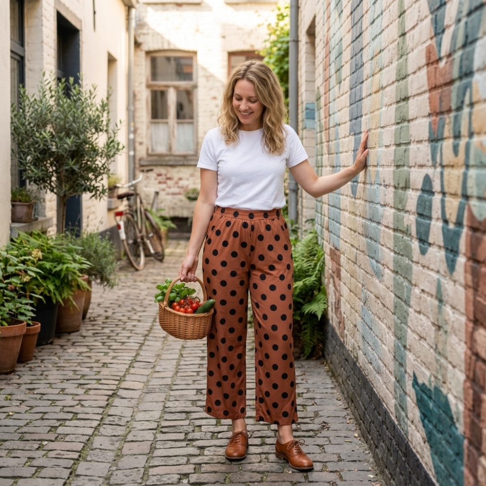 P1250  Adult women black polks Print brown ong pants