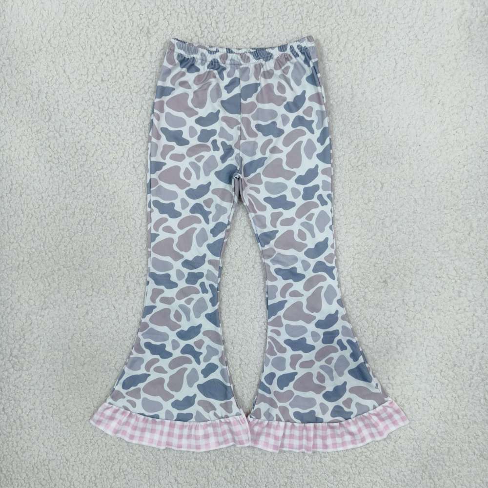 P1185 Girl camo print long pink plaid flare pants