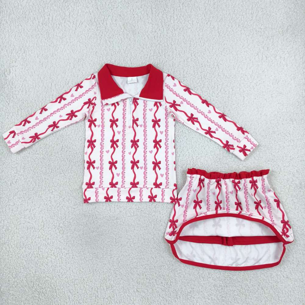 GLD1751  red bows Valentine‘s print Zipper Long Sleeve Skirt Set