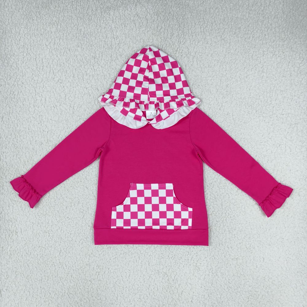 GT1851 Hot pink plaid print girl long sleeve hoodie pullover