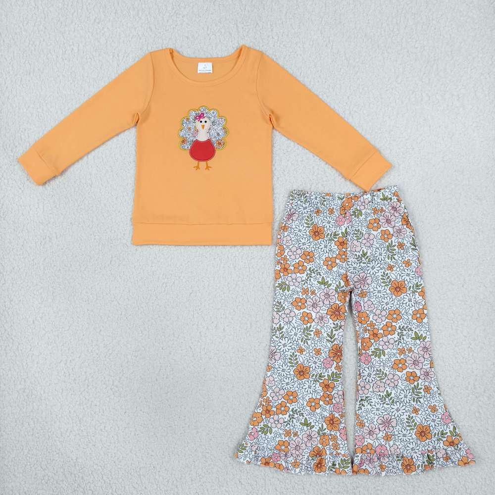 GLP3563 Baby Girls Orange Flowers turkey thanksgiving day embroidery fall Pant Clothes Set