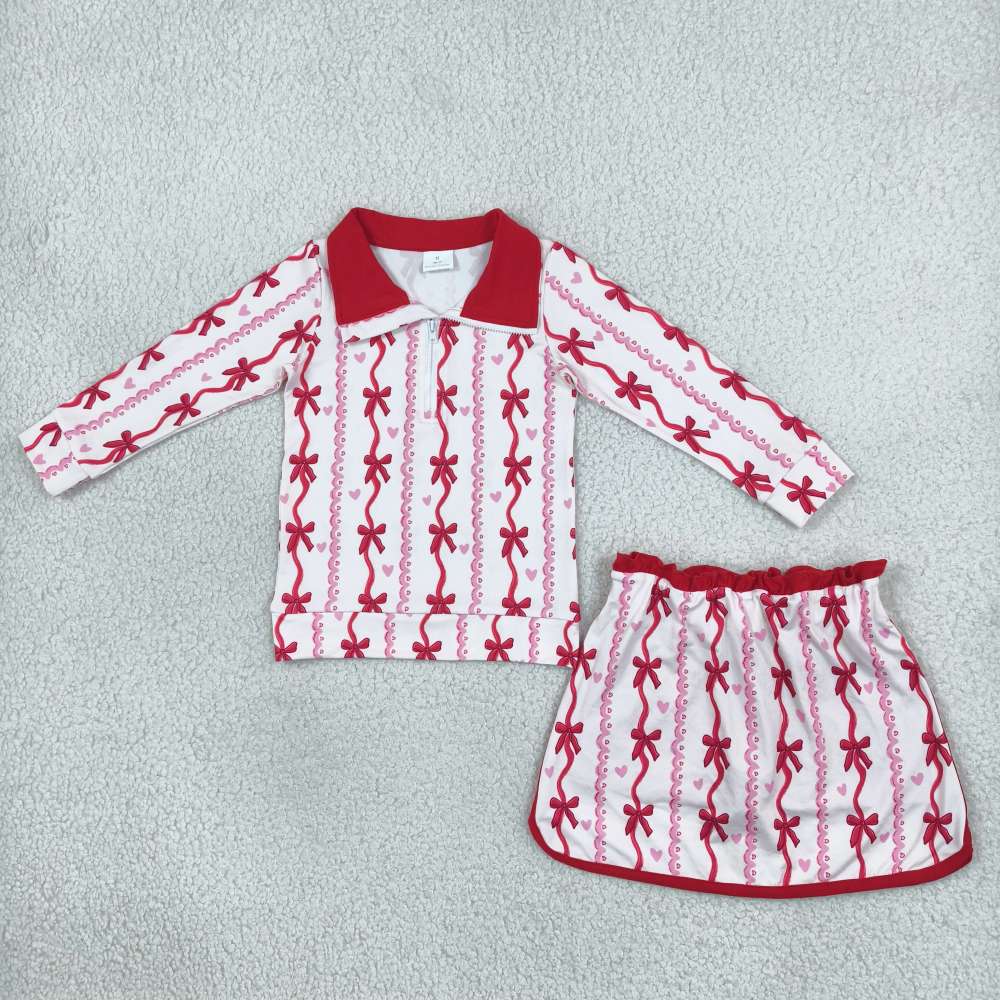 GLD1751  red bows Valentine‘s print Zipper Long Sleeve Skirt Set