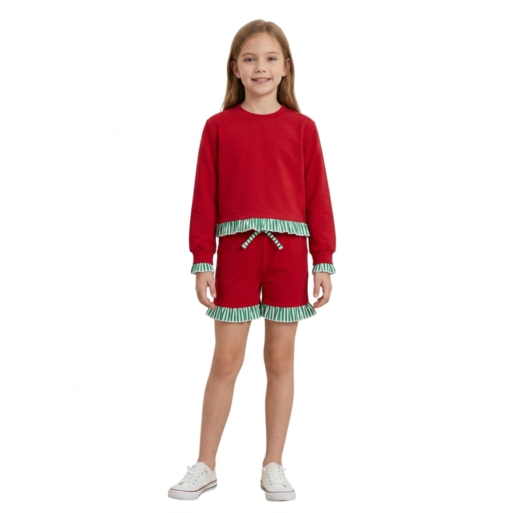 GLS0269 Baby Girls red solid Long Sleeve Top Ruffle shorts Fall Clothes Set