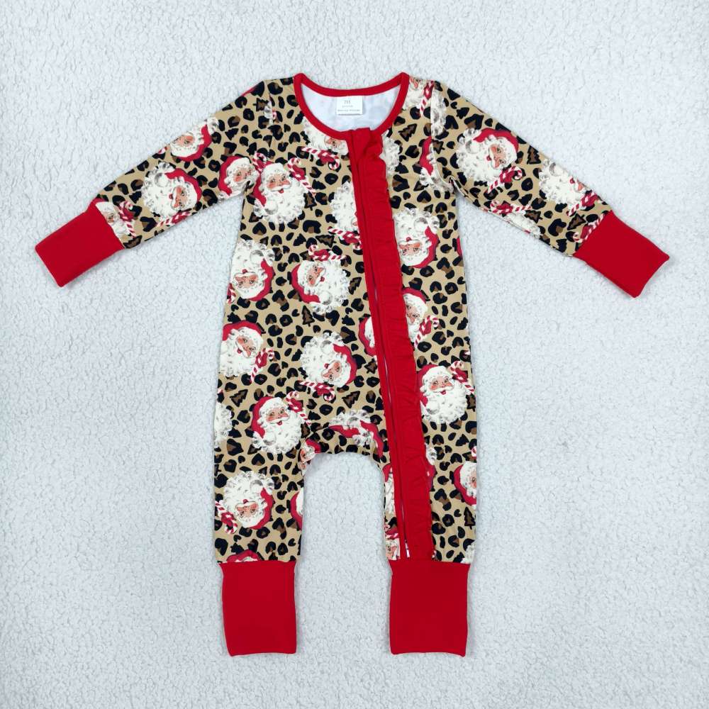 LR3302 Christmas leopard Santa girl print Long-Sleeved zipper romper